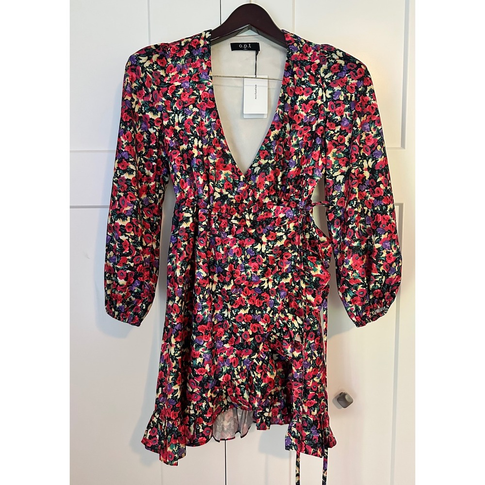 O.P.T. One Pretty Time Floral Wrap Mini Dress Red Purple Puff Sleeve XS NWT